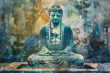 Ancient statue great Buddha on bright holiday composition, abstract vivid composition consists of fictional unreal fantastic vision on background
