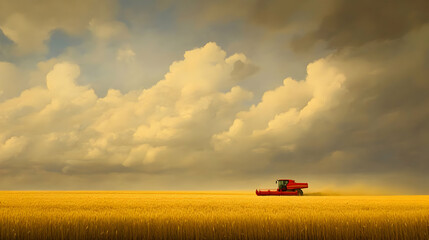 Fototapeta premium Harvest Time: A Combine Harvester in a Golden Wheat Field Under a Dramatic Sky