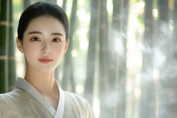 Fototapeta premium Serene Young Woman in Traditional Korean Hanbok Dress, Bamboo Forest Background