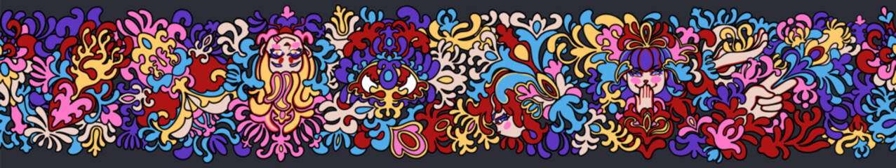 A vibrant seamless vector border with female faces, flowers, and decorative elements in psychedelic style