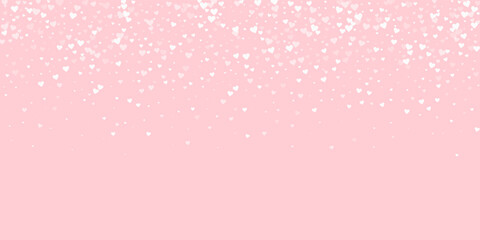 Valentine hearts, flying, falling down, floating. White hearts scattered on pink background. Lovable valentine hearts vector illustration.