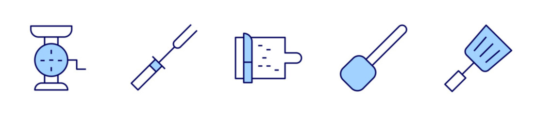 scoop, meat grinder, spatula, fork, cutting board. Utensil Icon vector illustration. Line Duotone style. Editable stroke