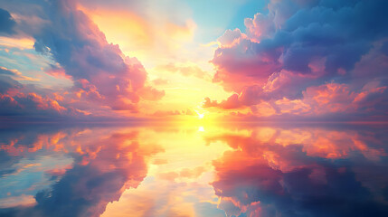 Obraz premium Majestic Sunset: Ocean Reflection and Colorful Clouds