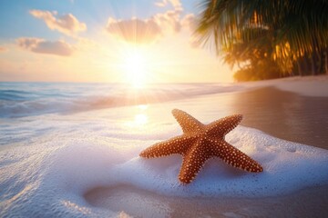 Fototapeta na wymiar tropical beach sunrise scene with starfish on shore and waves in paradise resort