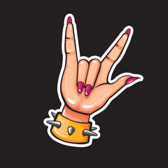 Rock On Hand Gesture Female Hand with Devil Horns Sign, Spiked Bracelet and Pink Nails, Bold Illustration for Music and Rebellion Themes