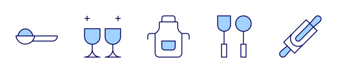 tea, glass, apron, kitchenware, rolling pin. Utensil Icon vector illustration. Line Duotone style. Editable stroke