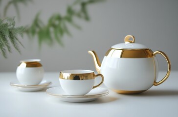 Fototapeta premium Elegant tea set with gold accents, minimal white