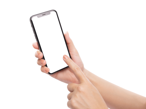 Hand holding the black smartphone with blank screen isolated on white background.