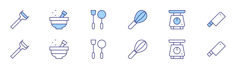 Utensil icon set in two styles, Duotone and Thin Line style. Editable stroke. peeler, mortar, cooking, utensil, kitchen scale, knife