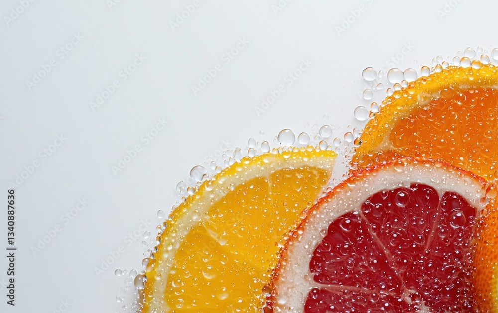 Poster close up of lemon orange and grapefruit slices submerged in sparkling water with bubbles