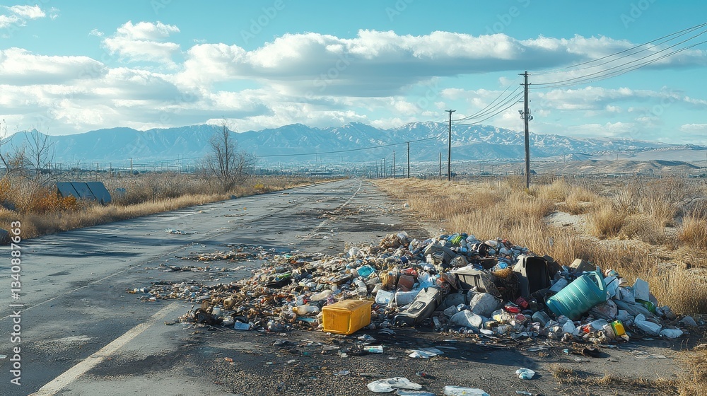 Poster a desolate road littered with trash, featuring a pile of garbage and a backdrop of mountains under a