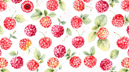 Watercolor pattern featuring raspberries white background