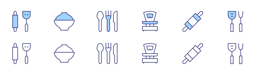 Utensil icon set in two styles, Duotone and Thin Line style. Editable stroke. scale, dough, kitchen tools, cooking utensils, soup, cutlery
