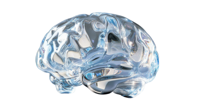Glass brain reflecting innovation and intelligence on transparent background - Powered by Adobe