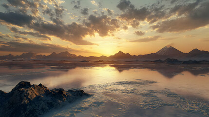 Majestic Sunset over Volcanic Mountain Lake Landscape