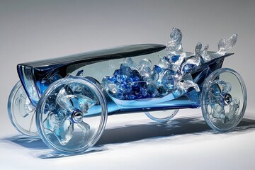 Artistic glass sculpture of a vintage car with playful figures showcased in a modern gallery setting