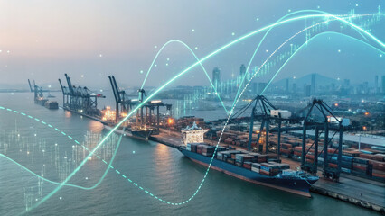A futuristic depiction of tariffs using holographic trade graphs over a shipping port, visualizing fluctuating costs and economic restrictions in a digital finance landscape.