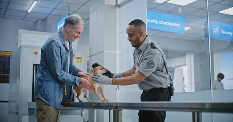 Airport Terminal: Mature Man with Pet at Security Checkpoint. African American Security Officer...