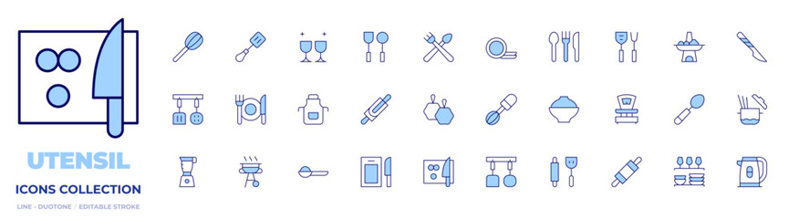 Utensil icons collection. Line Duotone style, editable stroke. pasta, scalpel, electric kettle, tea, loofah, kitchen cabinet, glass, apron, kitchenware, whisk, pot