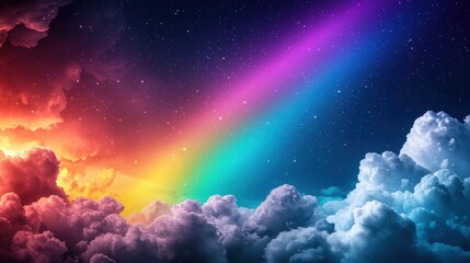 Fototapeta premium Rainbow Beam Glow Atmosphere Rainbow beam piercing through clouds, creating a dramatic and colorful sky.