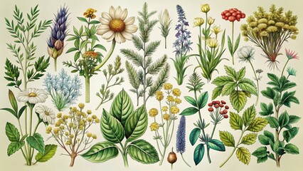 Vintage Botanical Illustration: Medicinal Herbs in Dynamic Motion, White Tones