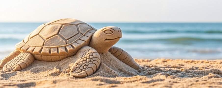 A sand sculpture of a turtle resting on the beach, with gentle waves in the background under a clear sky.