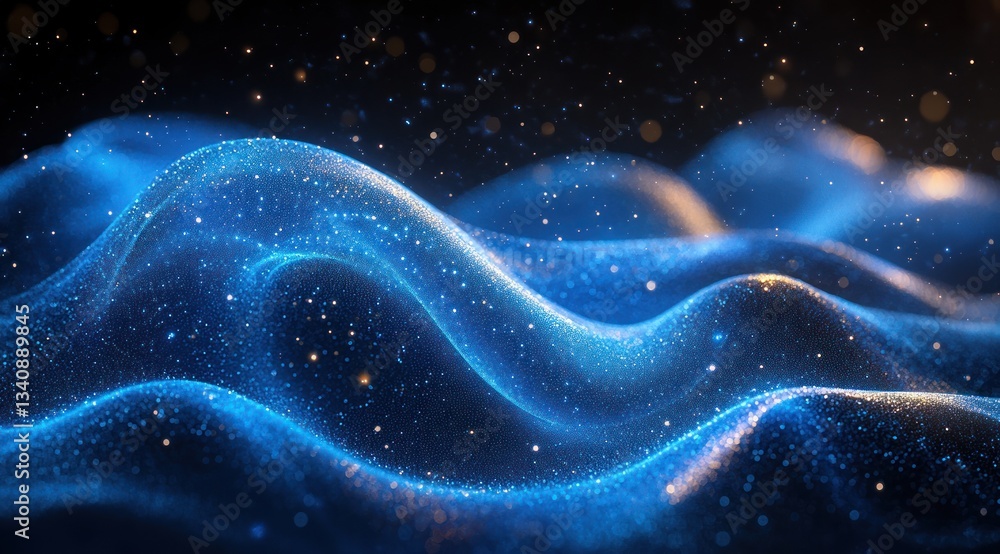 Poster futuristic abstract digital space visualization with neon blue waves and dynamic lines for global ne