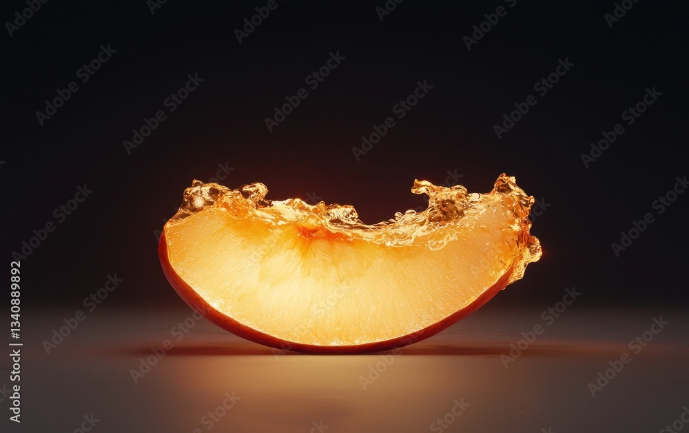 Poster a single slice of apple with golden glowing edges and illuminated flesh against a dark background