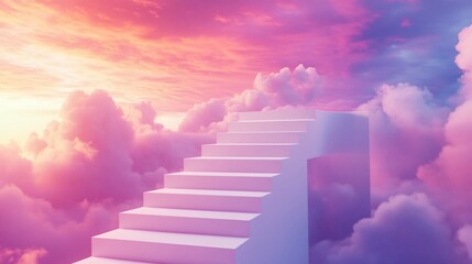 Ethereal staircase leading into colorful clouds at sunset.
