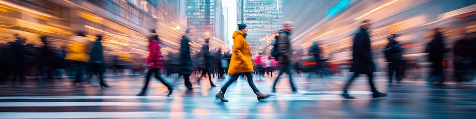 Tourists walking on a busy shopping street at dusk with motion blur effect. Commercial photography - live vibrant urban scene with walking people and modern architecture
