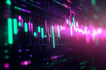 Rising financial graph in a glowing neon grid sharp green and purple lines sleek digital interface futuristic stock market vibe vibrant data flow bold investment energy
