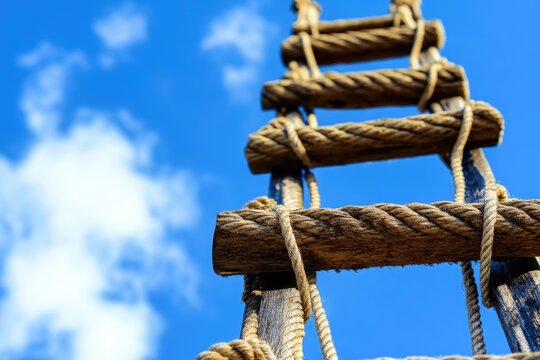 Jacobs Ladder - Ancient Knot Detail on Old Sailing Ship with Blue Sky Background