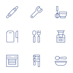 Utensil icons set. Thin Line style, editable stroke. rolling pin, cutting board, oven, peeler, cutlery, vernier caliper, whisk, robot, plate