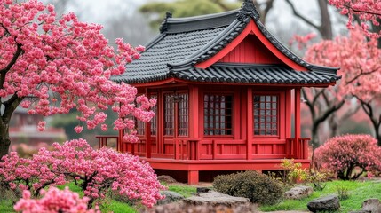 Red Japanese-style gazebo amidst spring blossoms