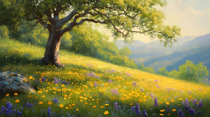 Obraz premium Spring Meadow Landscape: Vibrant Wildflowers and Rolling Hills