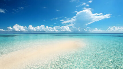 Fototapeta premium Serene Tropical Beach Landscape: Azure Ocean White Sand Fluffy Clouds