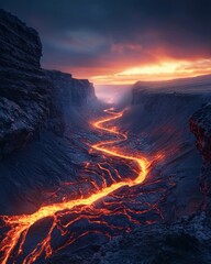 Fototapeta premium a red river of lava flowing through an endless deep canyon