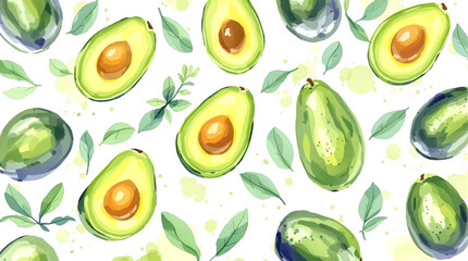 Avocado water color on white background seamless pattern, vector