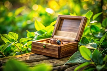 Vintage Earphone Box with Green Leaves - Sepia Wooden Texture Stock Photo