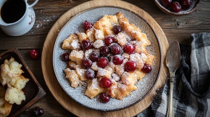 Kaiserschmarrn mit Kirschen: Oktoberfest Delight on Rustic Plate with Coffee