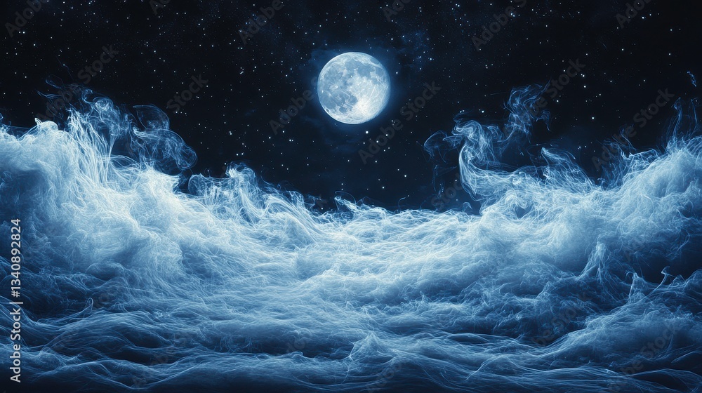Aufkleber a mesmerizing night scene featuring a full moon illuminating dynamic ocean waves, creating an ethere