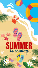 Naklejka premium Summer Beach Vacation with Palm Trees and Ocean Waves