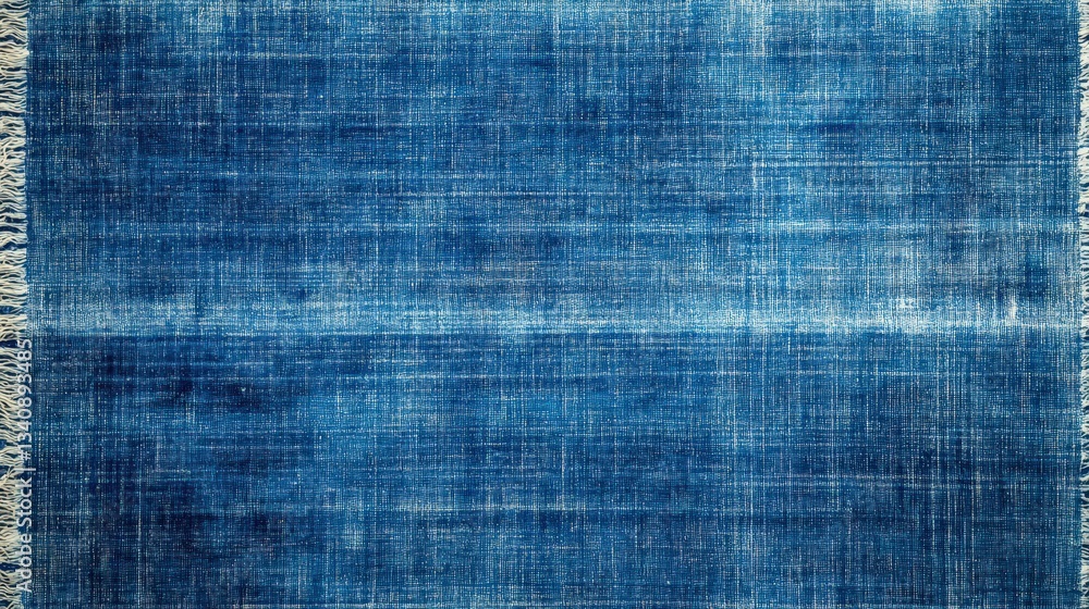 Poster a textured blue fabric with intricate patterns and fringe, showcasing a blend of shades that create 