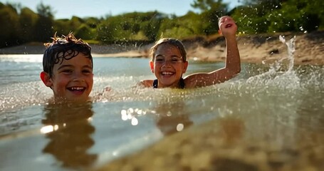 Joyful children playing in a sunny lake.  Bright sunlight, clear water, sandy shore. Happy expressions, summer fun