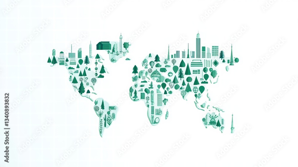 Poster world map business industry network world map with icons representing different industries and their