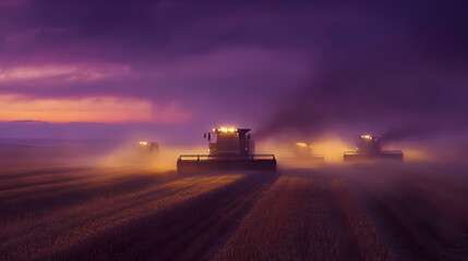 Fototapeta premium Combine Harvesters at Sunset: A Stunning Harvest Scene
