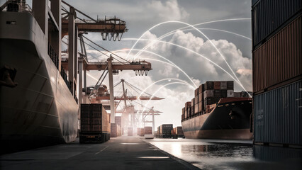 A futuristic depiction of tariffs using holographic trade graphs over a shipping port, visualizing fluctuating costs and economic restrictions in a digital finance landscape.
