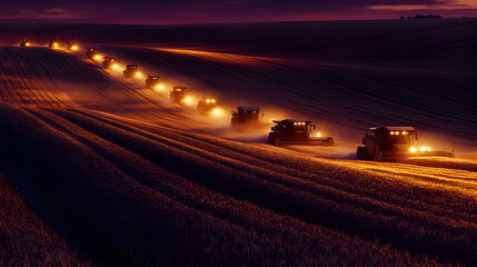 Obraz premium Night Harvest: Combines in a Golden Wheat Field