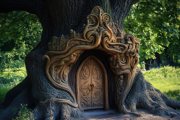 Fototapeta premium Wooden door carved into a tree trunk surrounded by autumn leaves in a forest setting