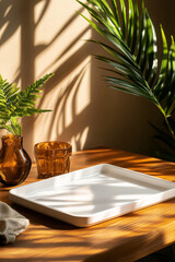 White tray casting long shadows, feels bright and airy